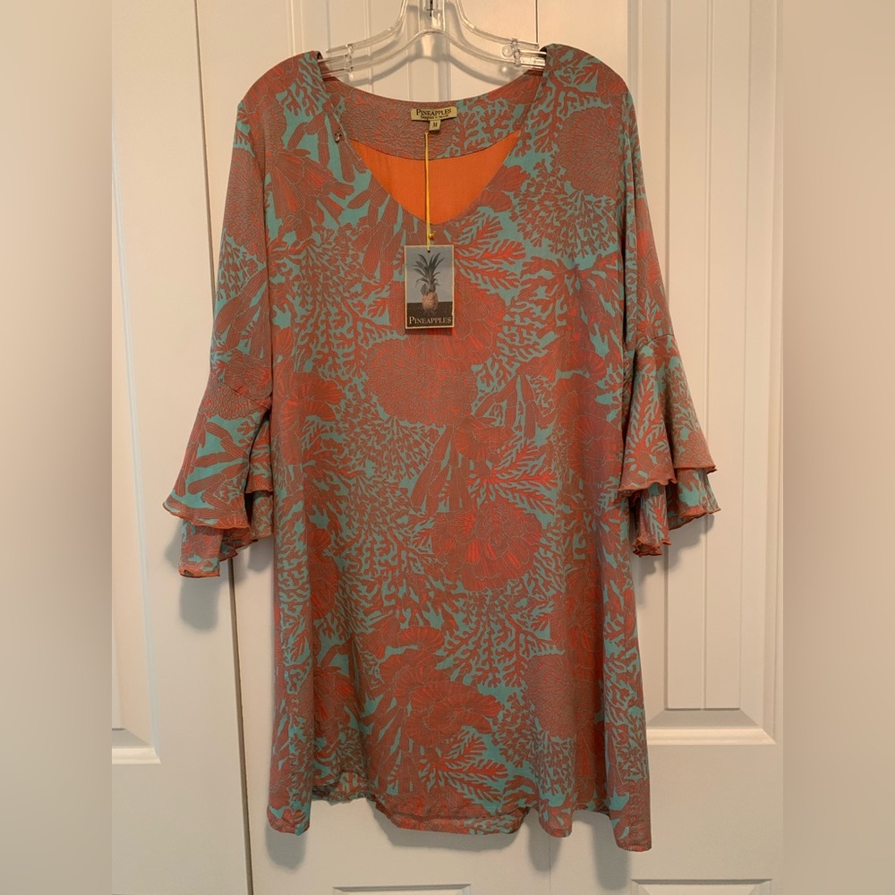 Pineapples Ruffle Sleeve Dress Rayon Tropical Orange & Teal M NWT